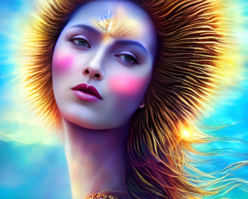 Vibrant digital artwork of a woman with ethereal glow and ornate halo