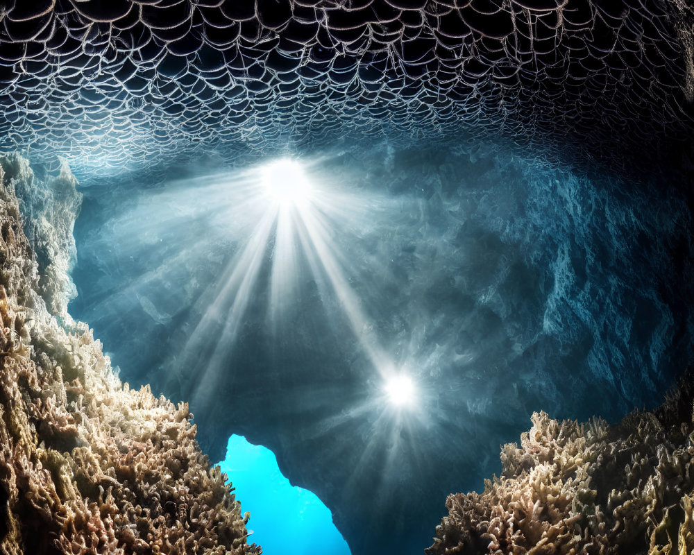 Sunlight illuminates coral and rock formations in underwater caves.