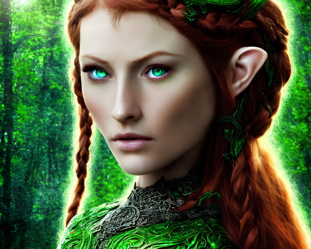 Fantasy female elf digital artwork with green eyes, headgear, red hair, and green armor in