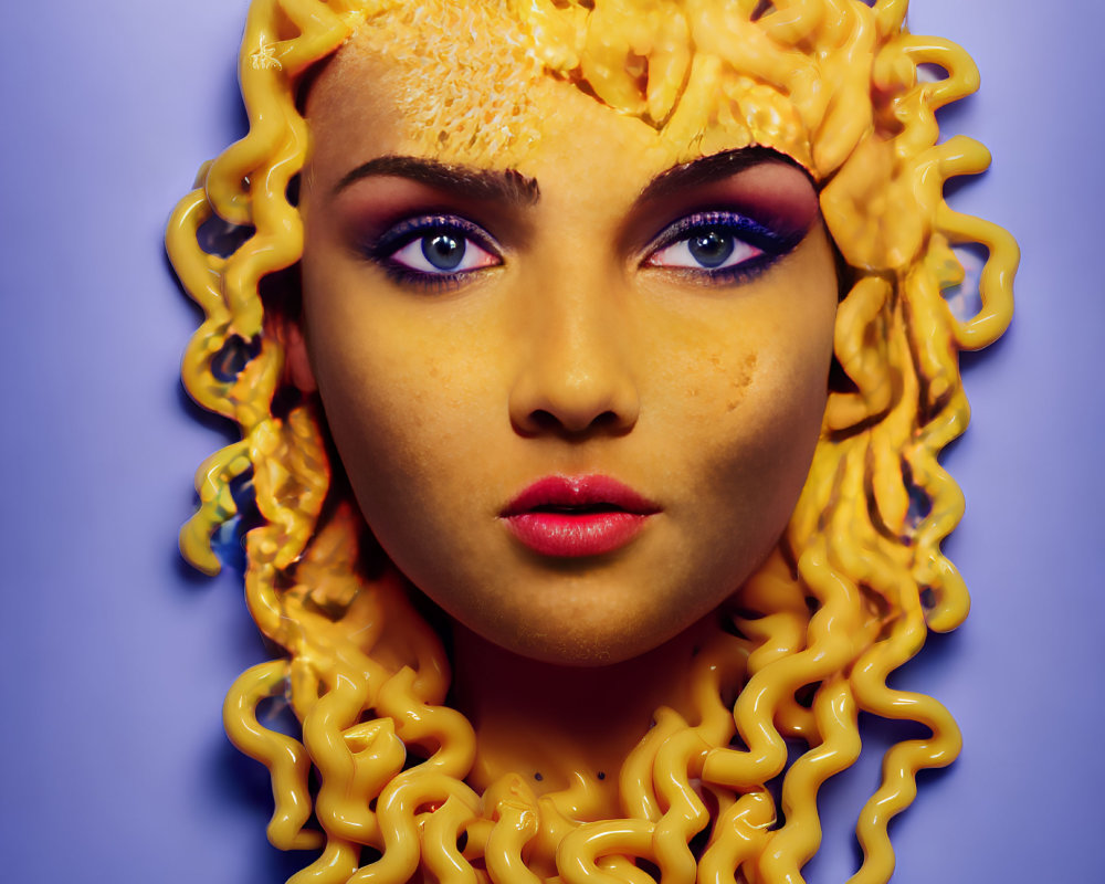 Creative Noodle Hairstyle and Face Art on Blue Background