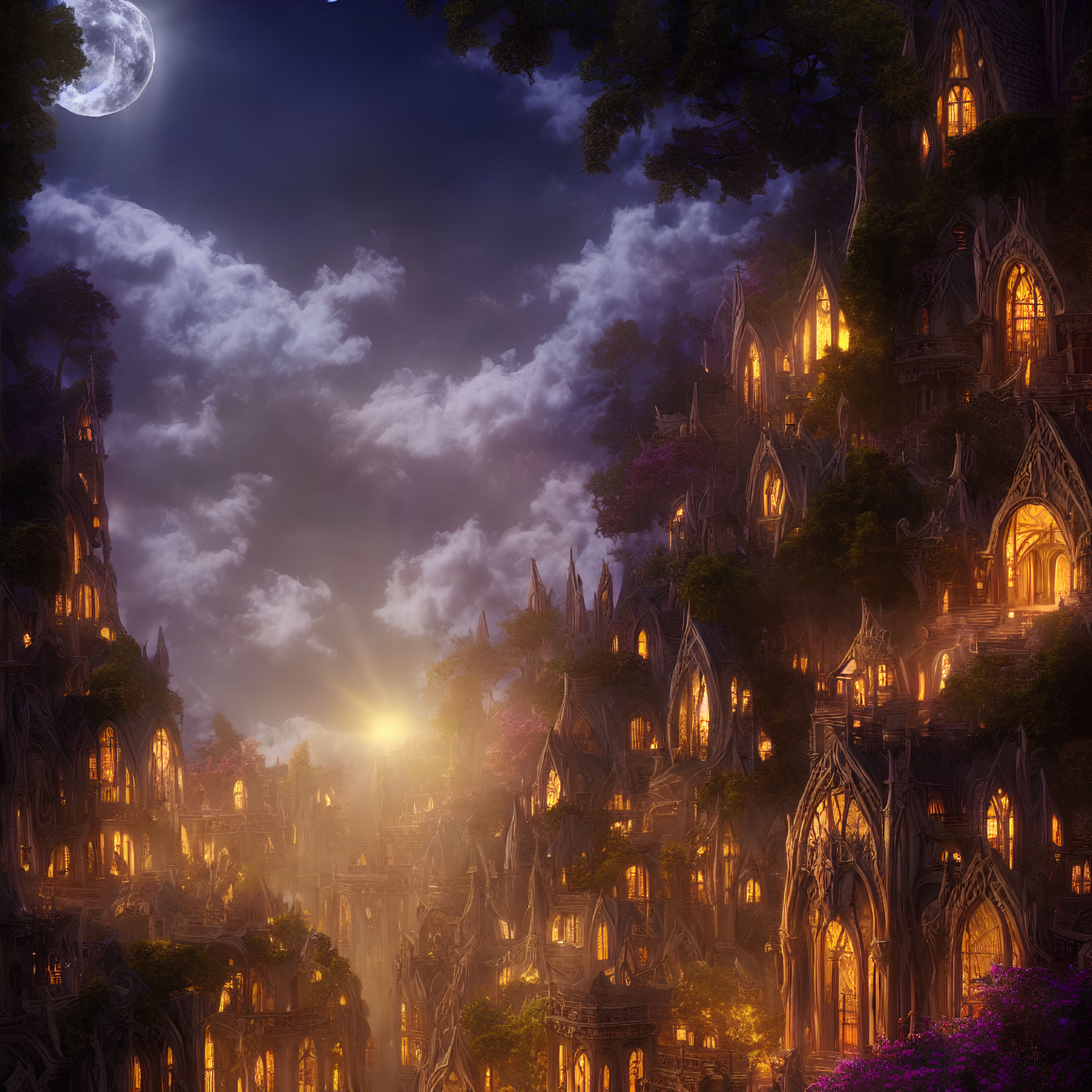 Gothic buildings illuminated under starry night sky