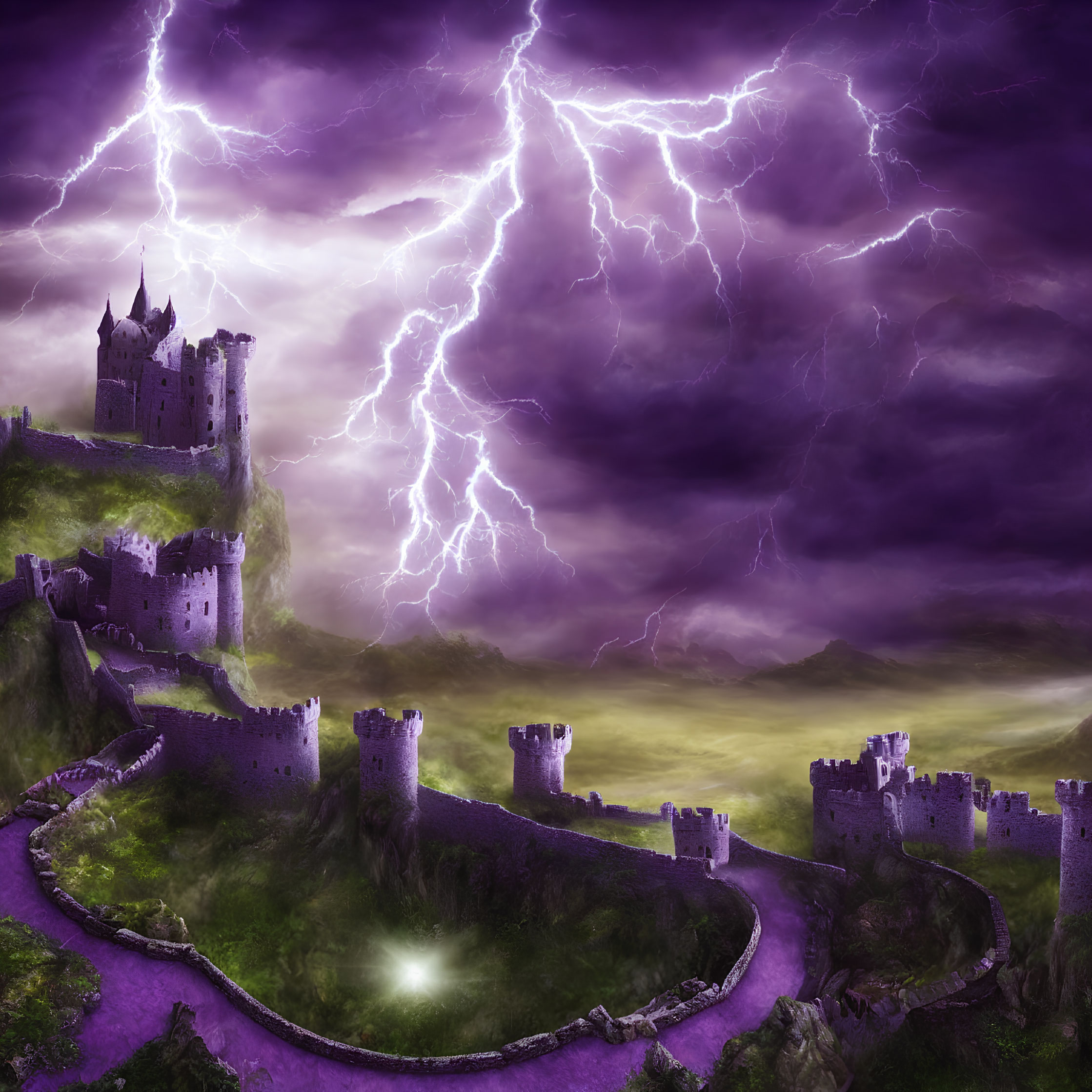 Fantastical night scene: ancient castle, stormy sky, purple lightning