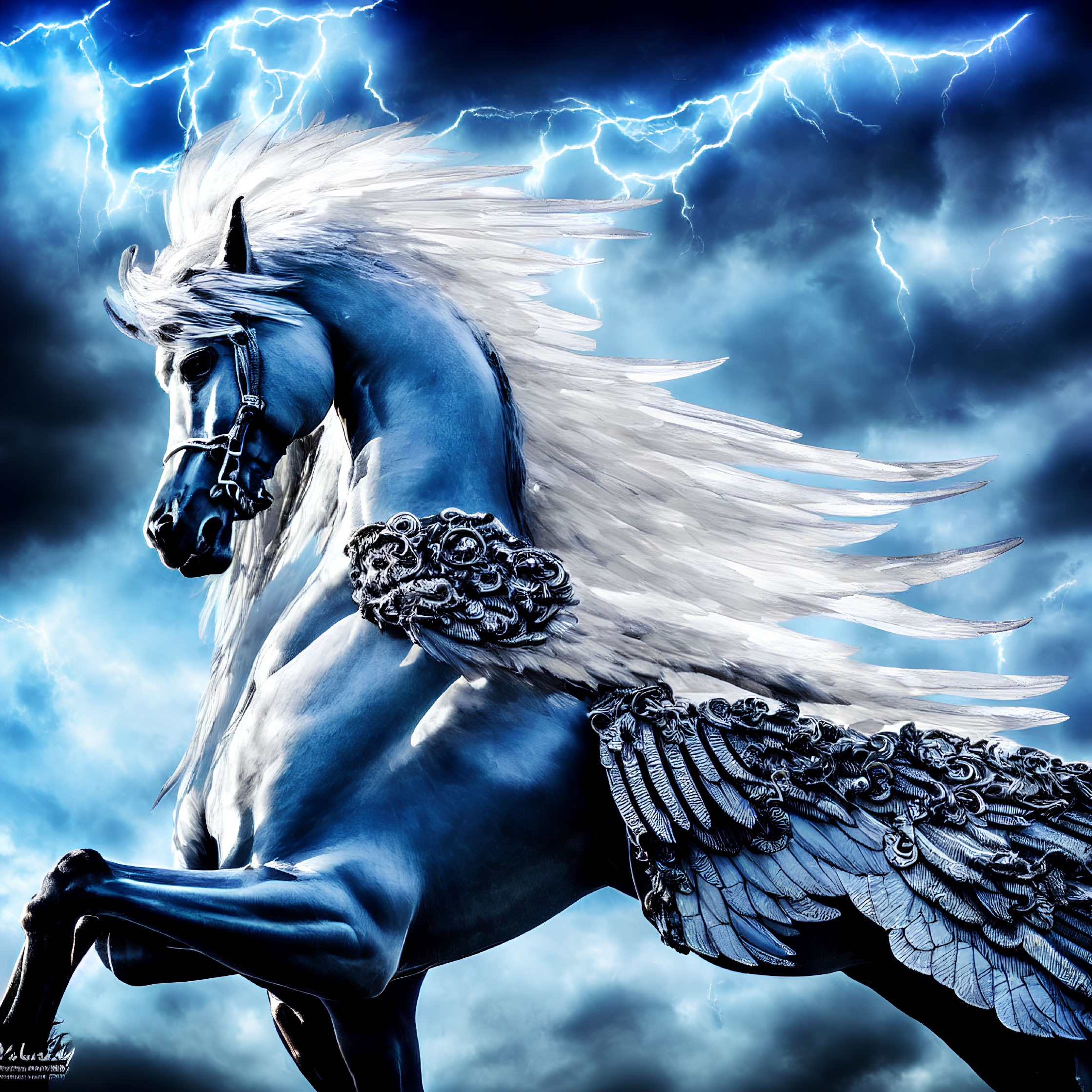 Majestic winged horse with white mane under dramatic sky with lightning bolts