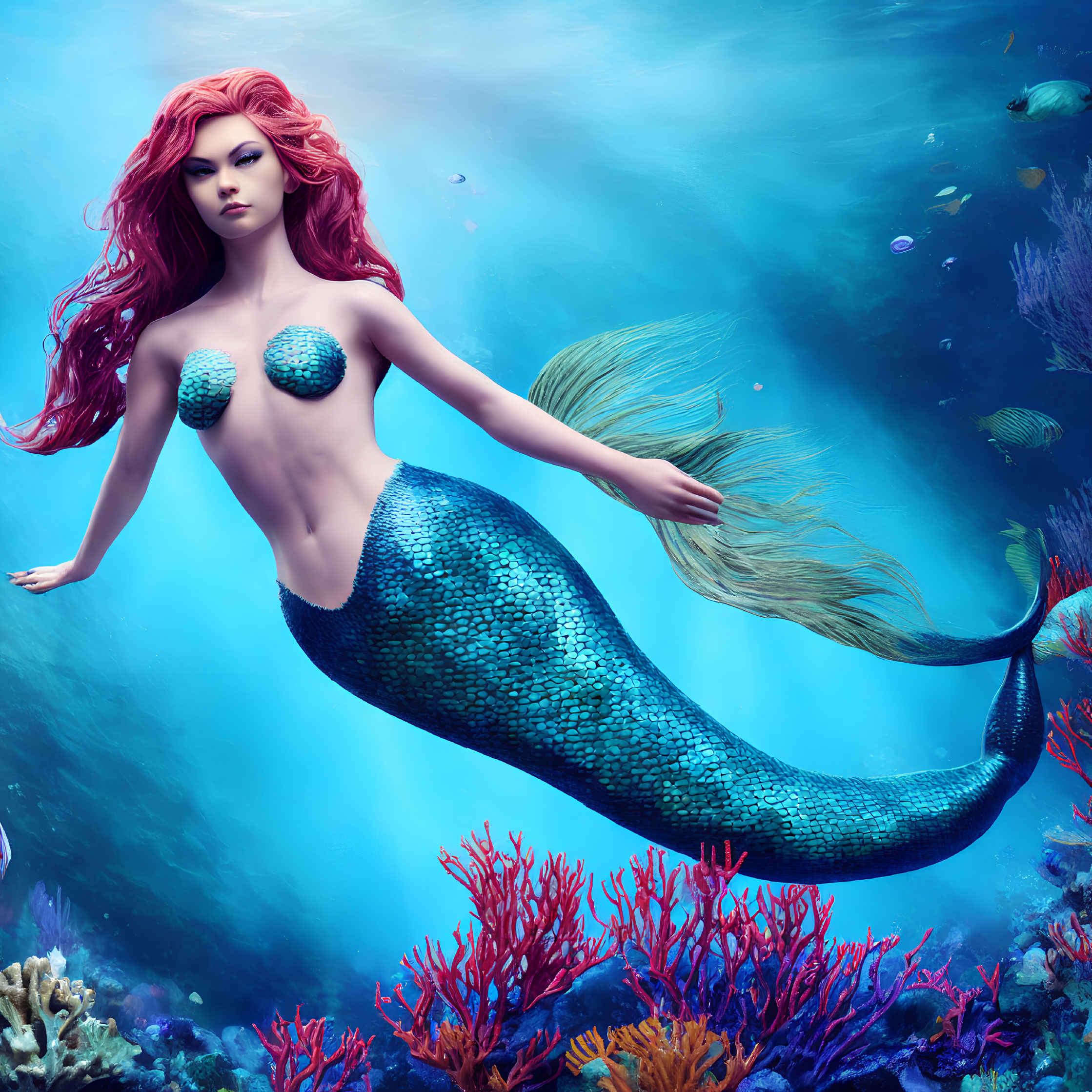 Digital Illustration: Red-Haired Mermaid Swimming Among Colorful Coral Reef