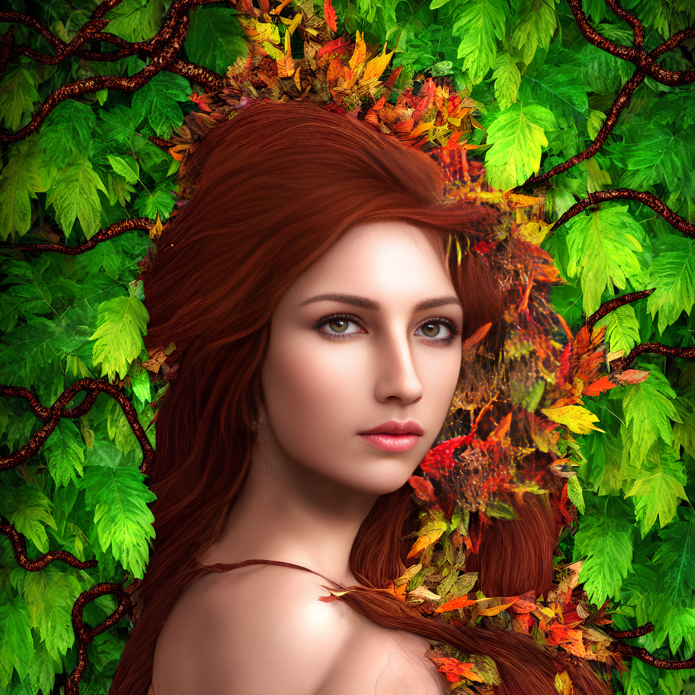 Digital portrait: Woman with red hair in nature setting