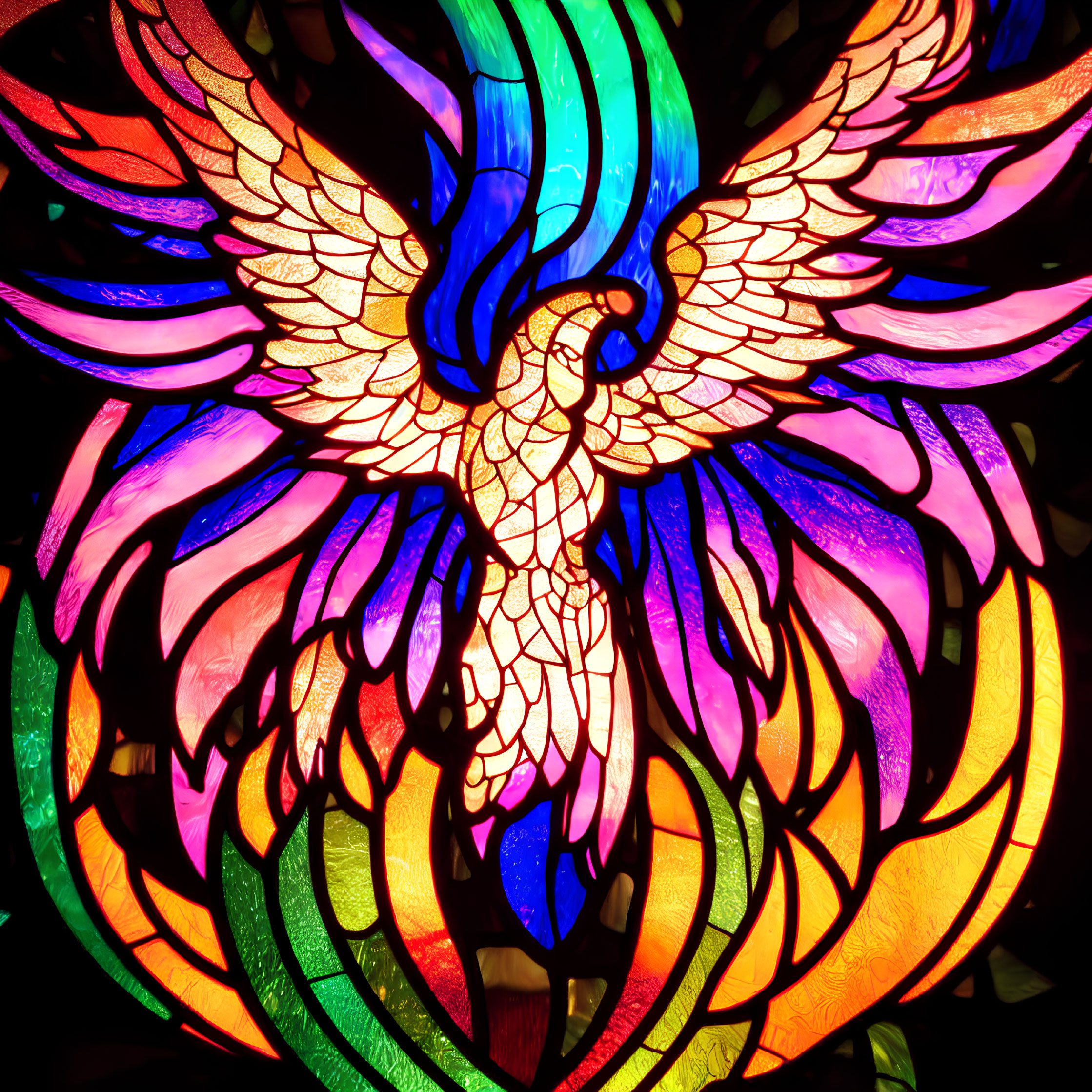 Colorful Phoenix Stained Glass Art with Fiery Palette