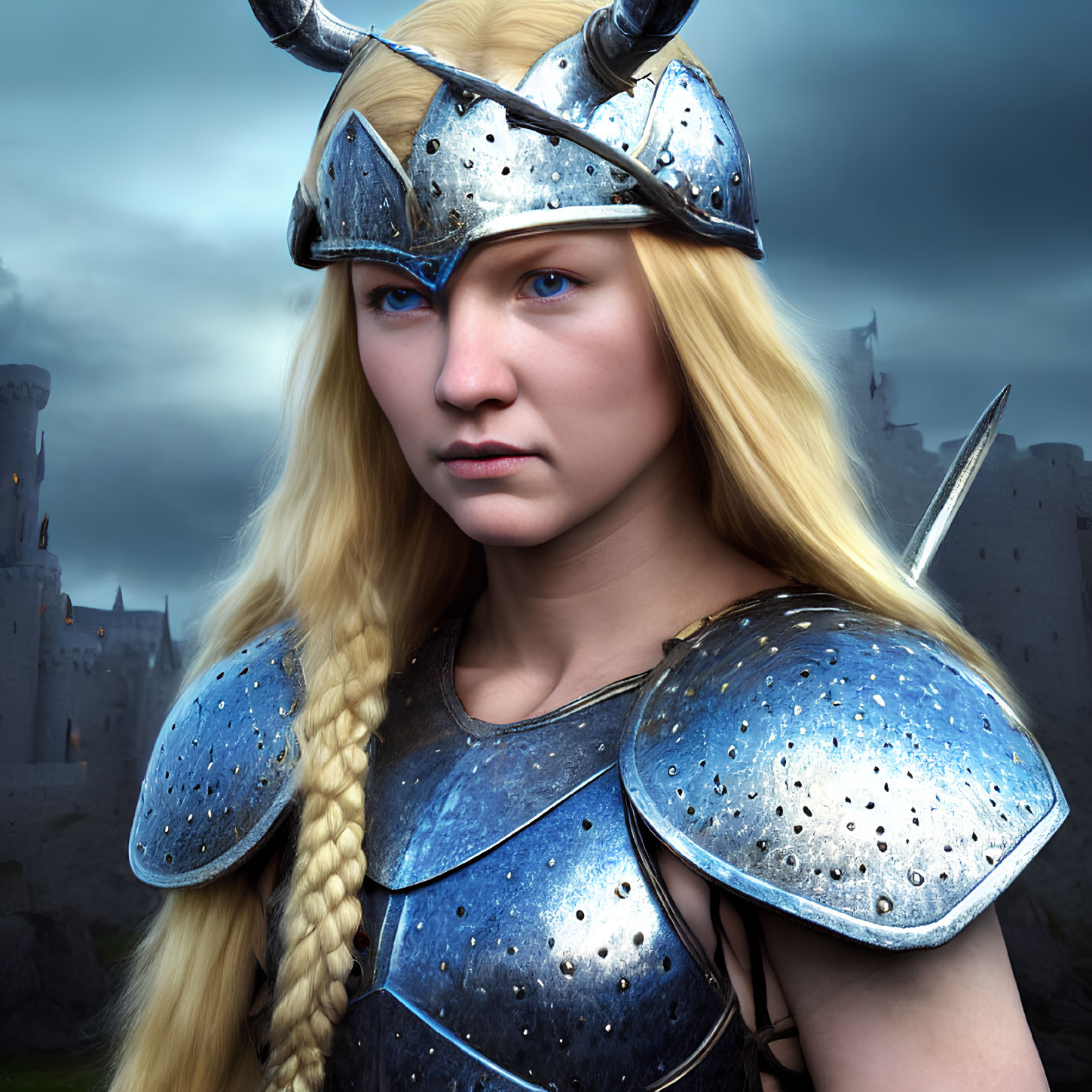 Blonde Viking warrior in horned helmet against stormy sky