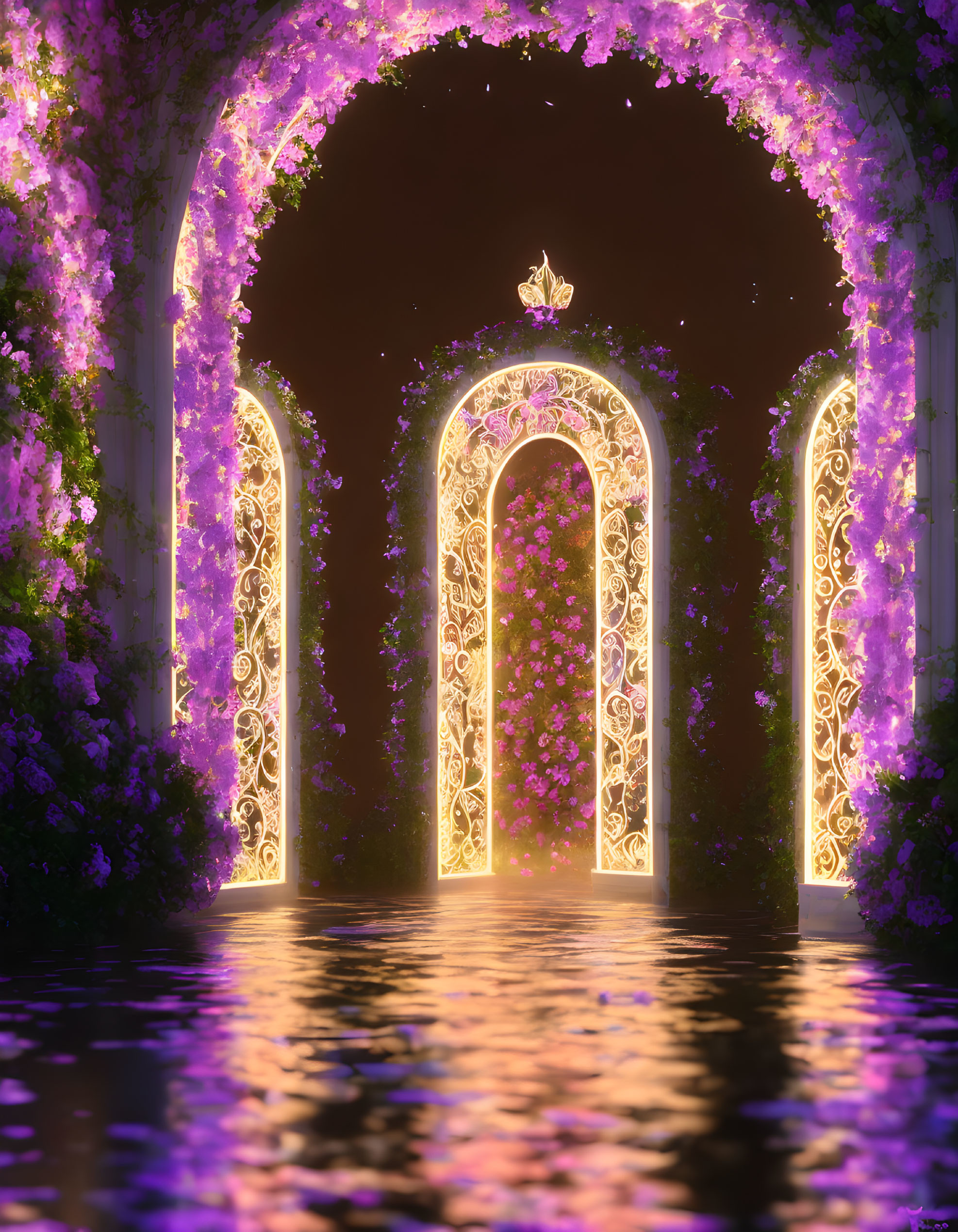 Enchanting pathway with illuminated arches and purple flowers leading to ornate gate