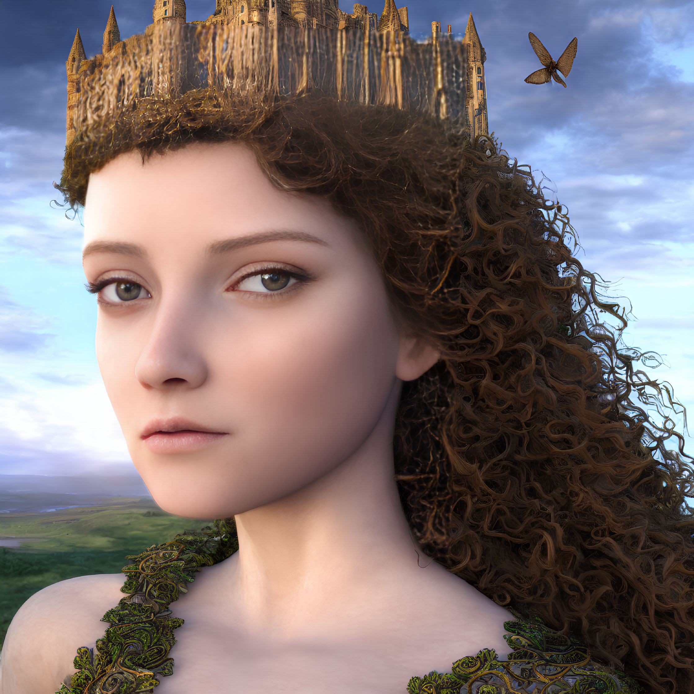 Portrait of young woman with curly hair, castle backdrop, butterfly, and green garment