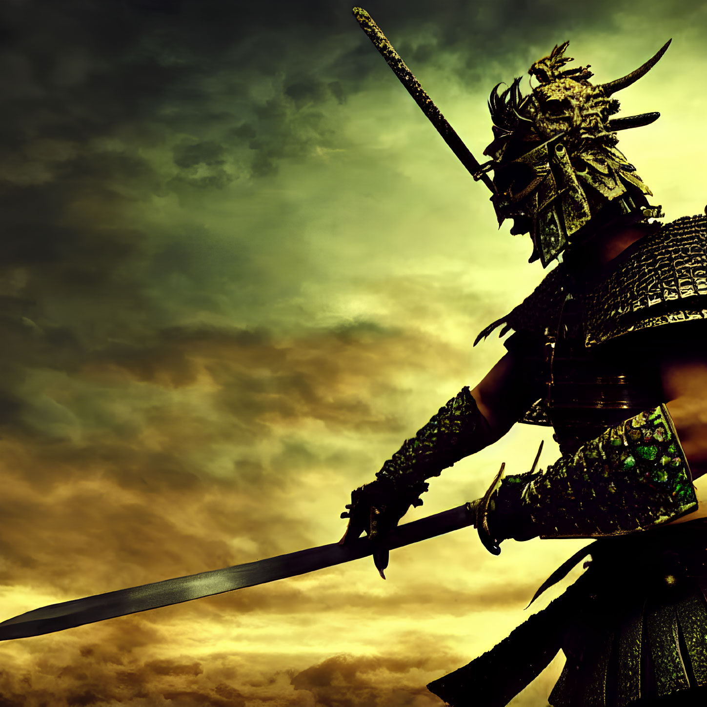 Silhouetted samurai in armor with sword against dramatic sunset sky