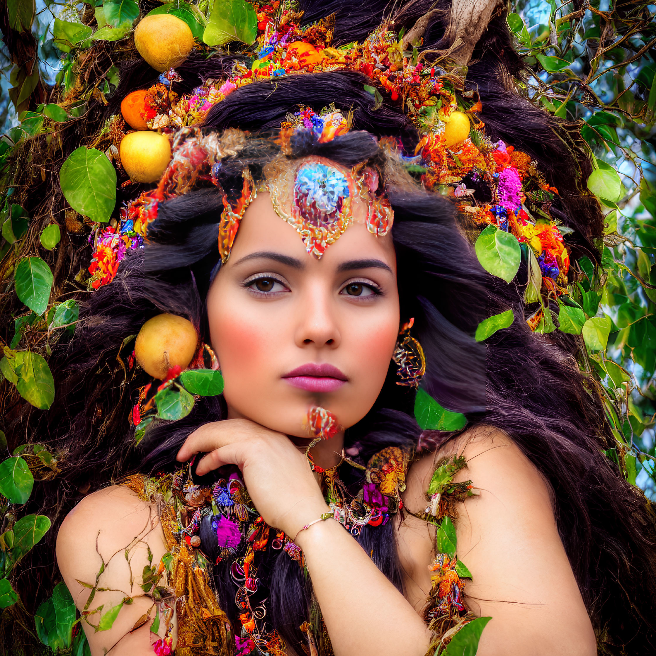 Colorful Woman with Fruit Headdress and Jewel Poses by Tree