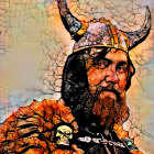 Viking costume with horned helmet, fur cloak, and skull necklace on crackled background
