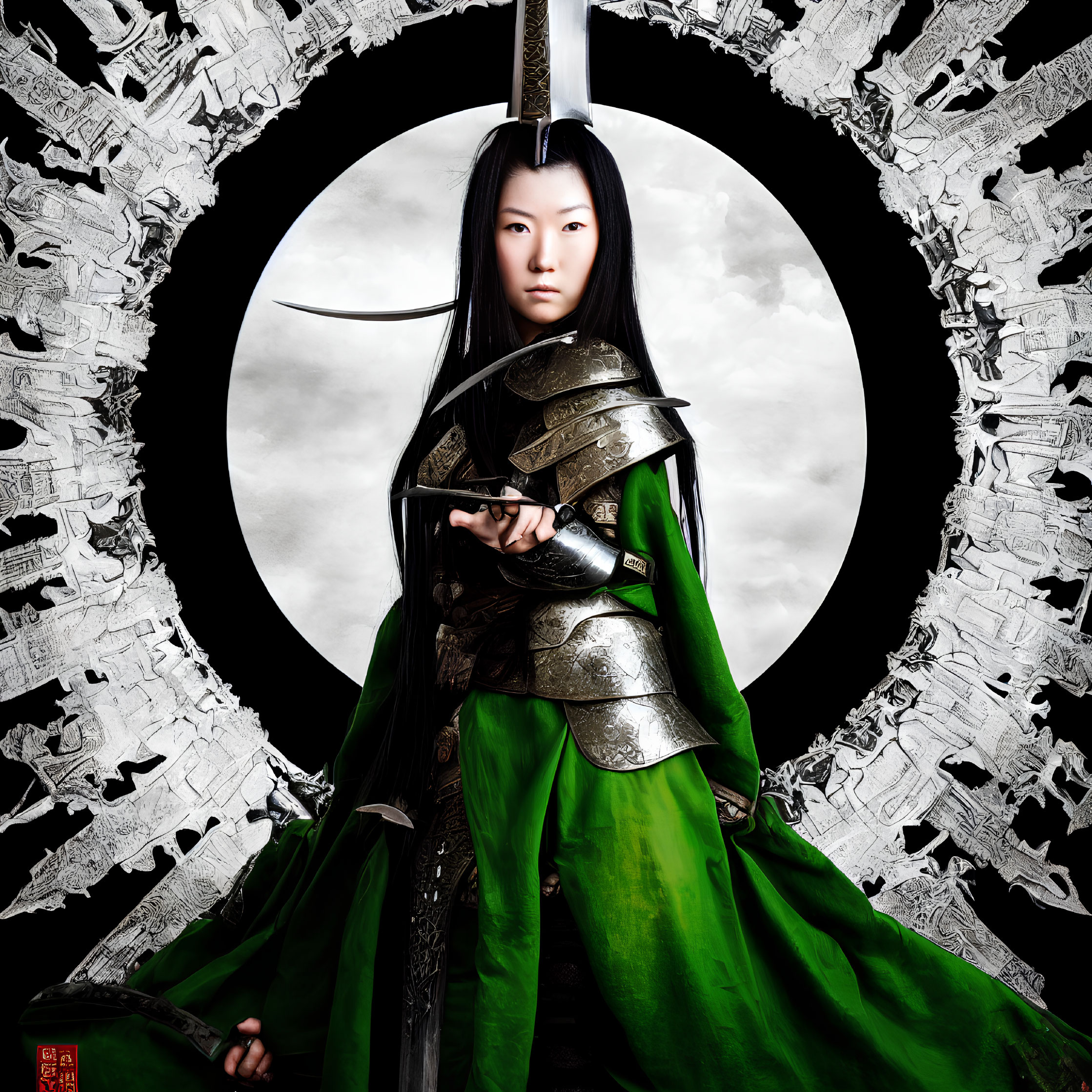 Traditional attired woman with sword in green armor against shattered circular background