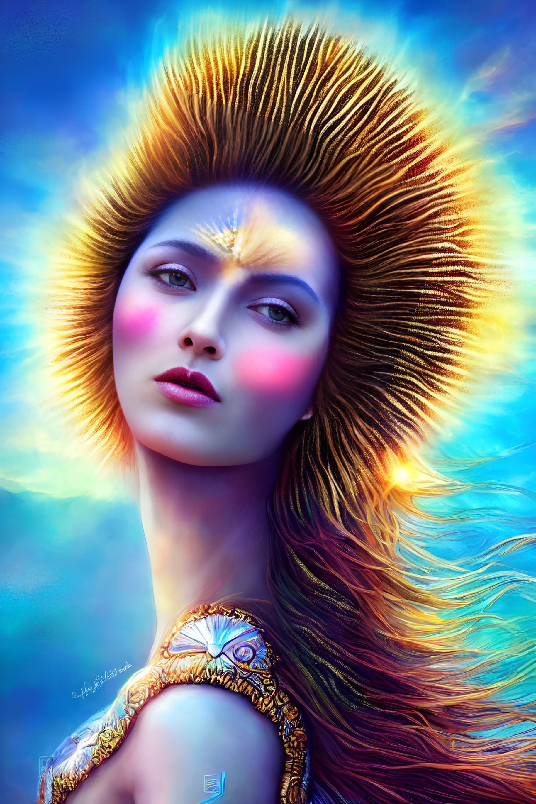 Vibrant digital artwork of a woman with ethereal glow and ornate halo