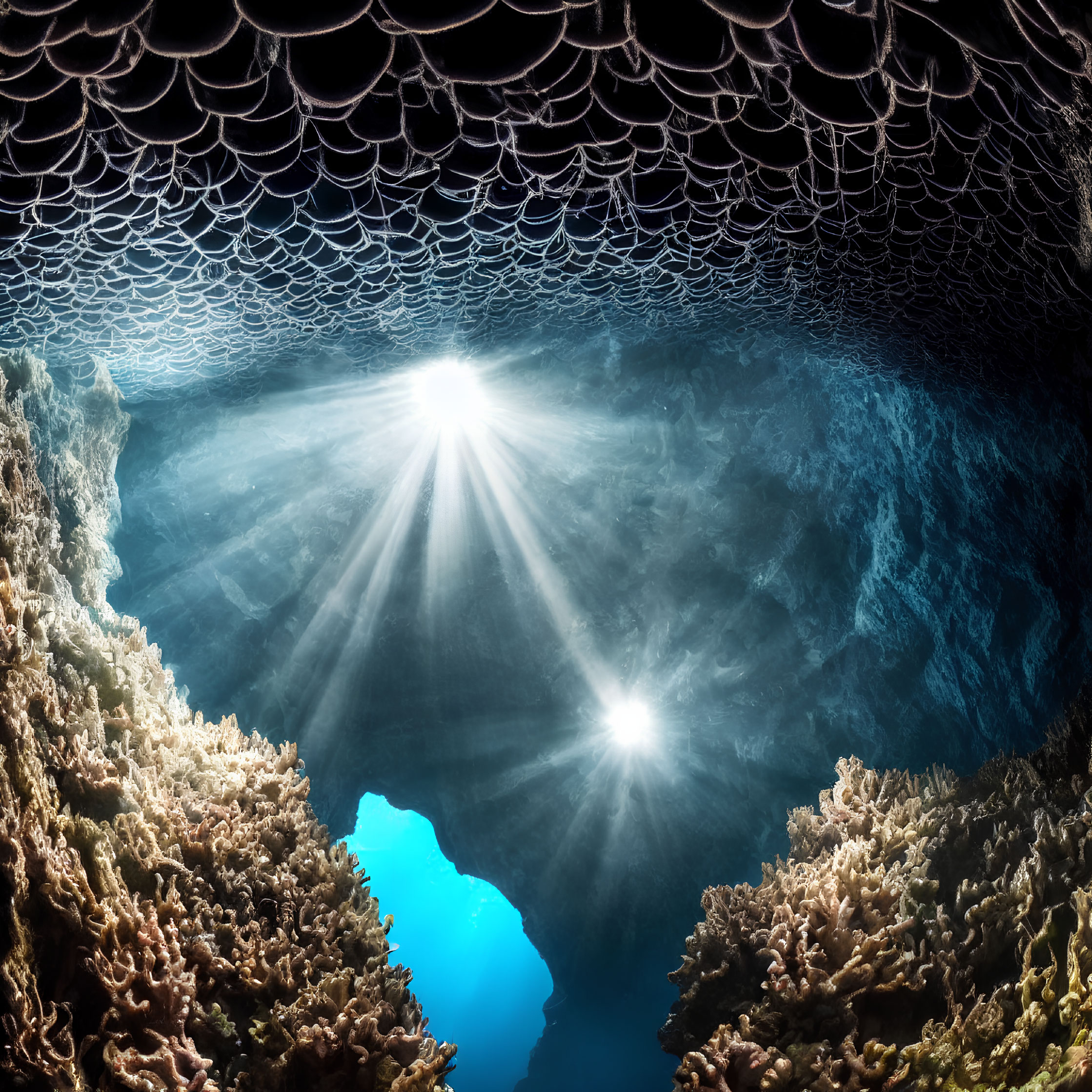 Sunlight illuminates coral and rock formations in underwater caves.