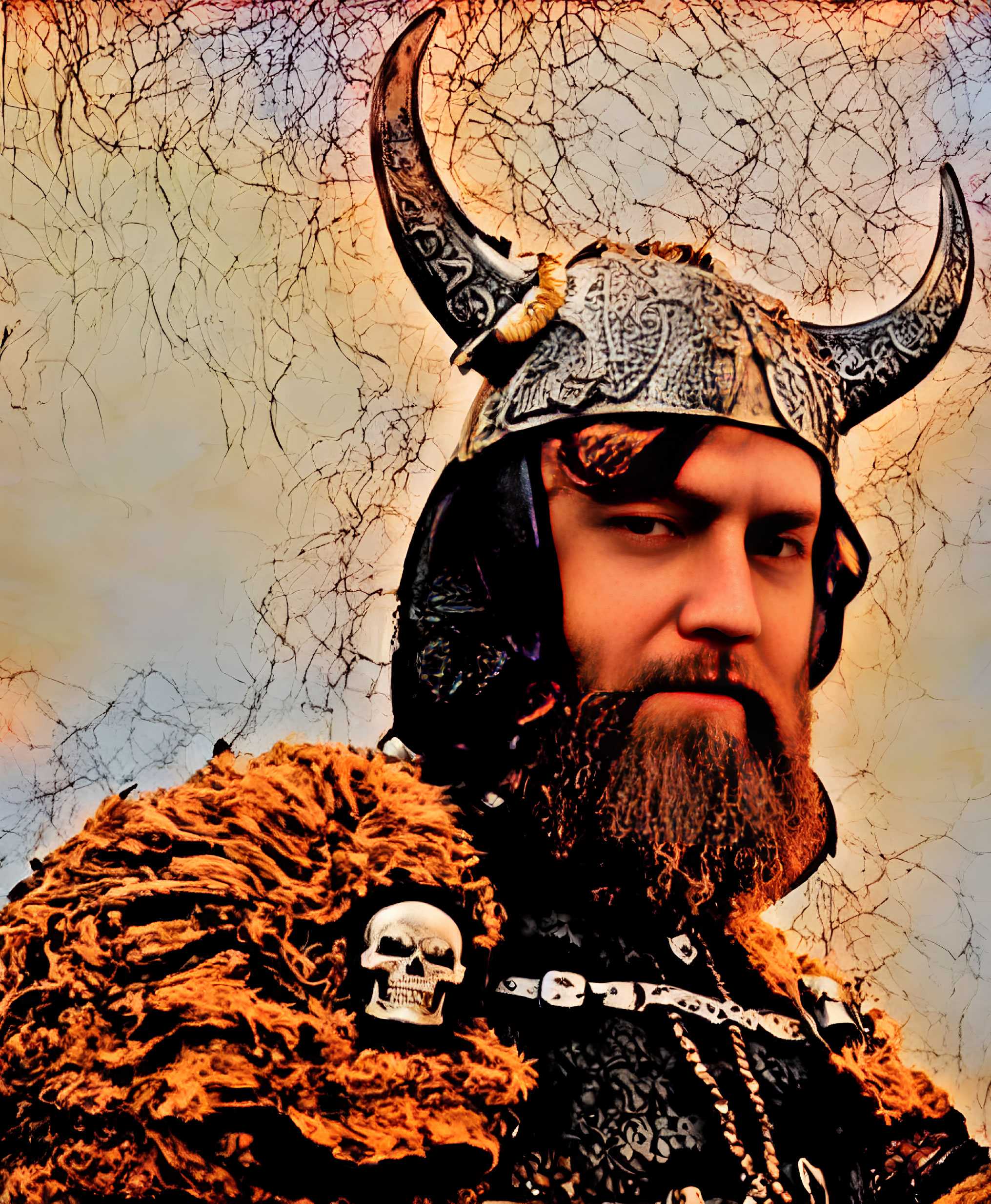 Viking costume with horned helmet, fur cloak, and skull necklace on crackled background