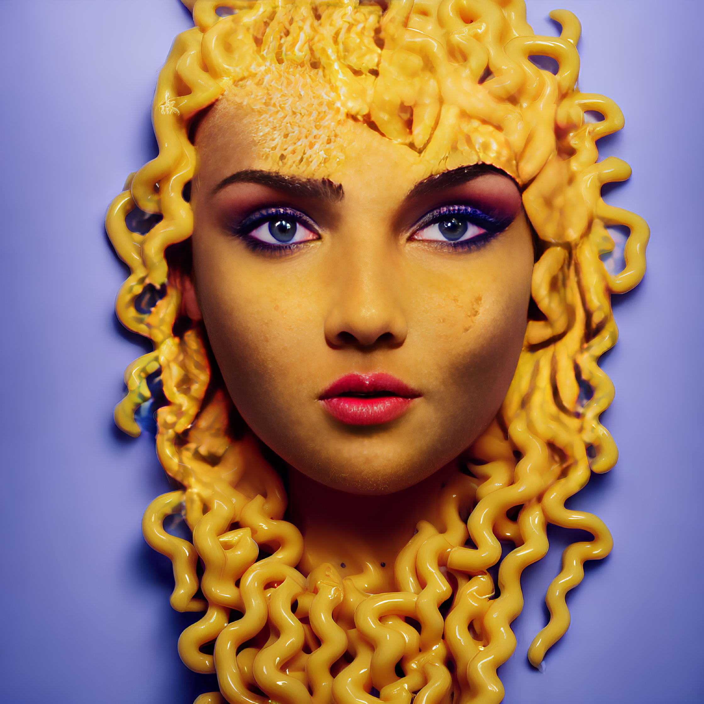 Creative Noodle Hairstyle and Face Art on Blue Background