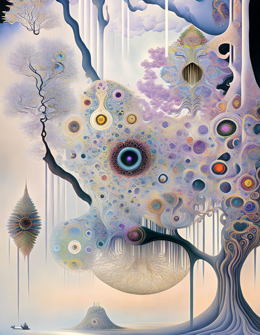 Surreal painting of eye, colorful patterns, tree structures, soft sky
