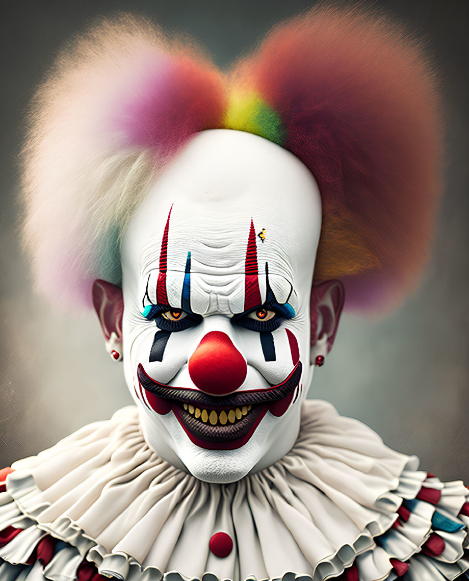 Colorful Clown with Afro, White Makeup, Red Nose, and Ruffled Collar