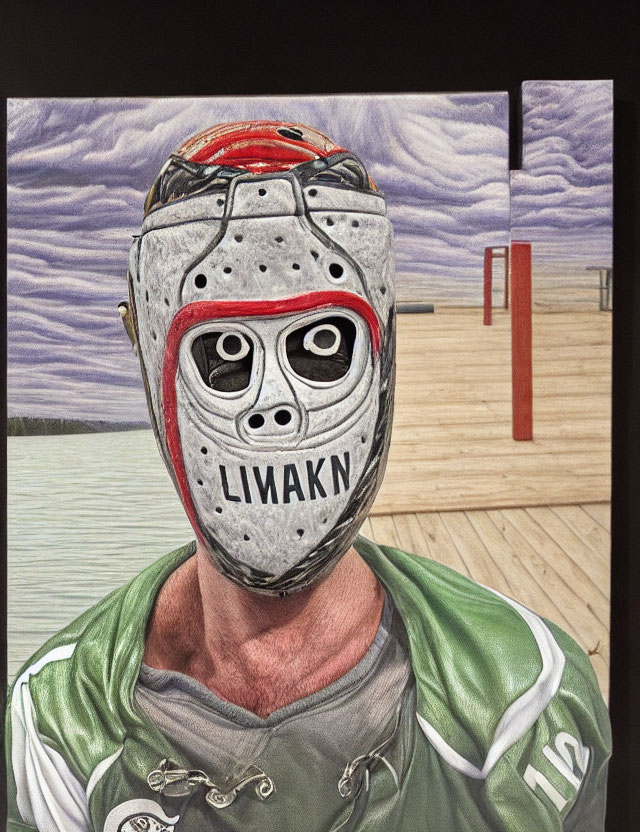 Hockey goalie in mask and jersey with landscape painting.