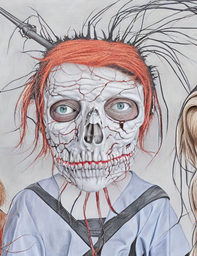 Surreal artwork of figure with skull face and vibrant red hair