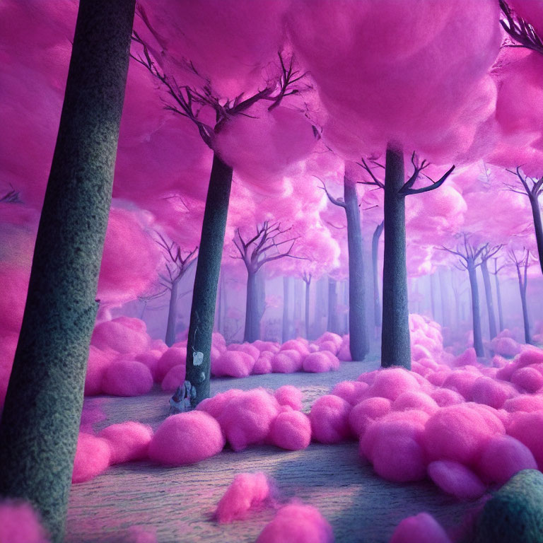 Surreal forest scene with pink clouds and dark tree trunks
