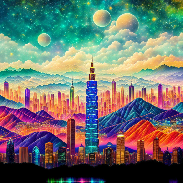 Colorful Urban Skyline with Undulating Hills and Multiple Moons