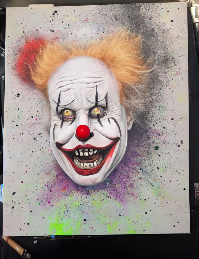 Colorful Clown Drawing with Orange Hair and Red Nose on Easel