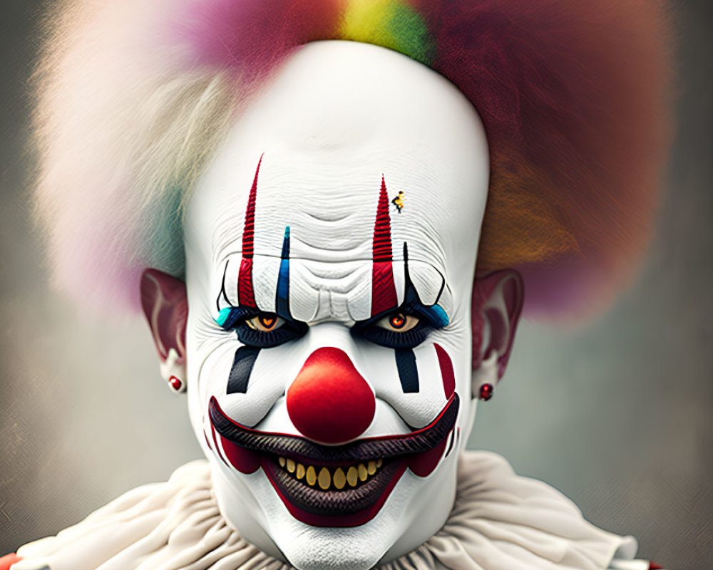 Colorful Clown with Afro, White Makeup, Red Nose, and Ruffled Collar