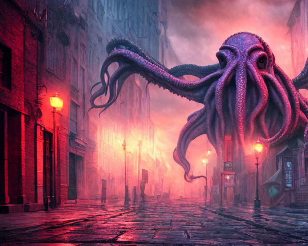 Gothic cityscape with colossal octopus-like creature at sunset