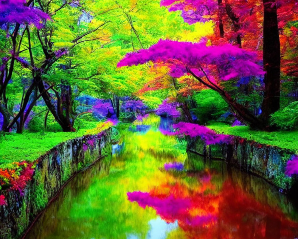 Colorful autumn foliage reflected in tranquil water canal