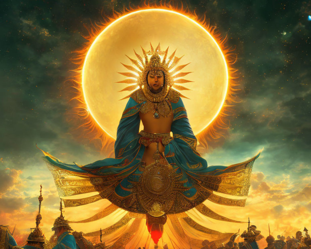 Radiant deity with multiple arms on ancient battlefield under solar eclipse