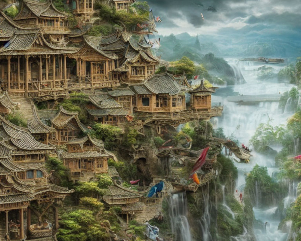Traditional village on cliff with waterfalls, lush greenery, colorful birds, dramatic sky
