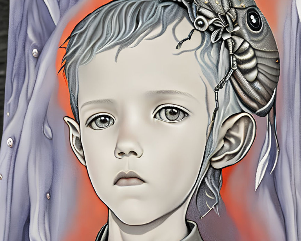 Abstract surreal portrait of child with mechanical insect on head against pearlescent background.
