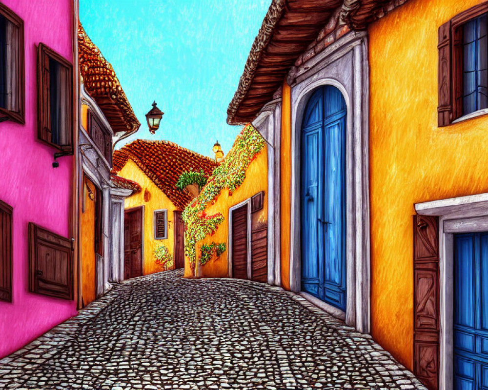 Colorful Cobblestone Street with Pink and Yellow Houses