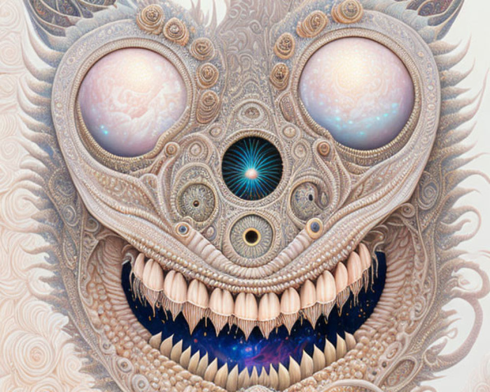 Intricate surreal creature with multiple eyes and sharp teeth on beige background