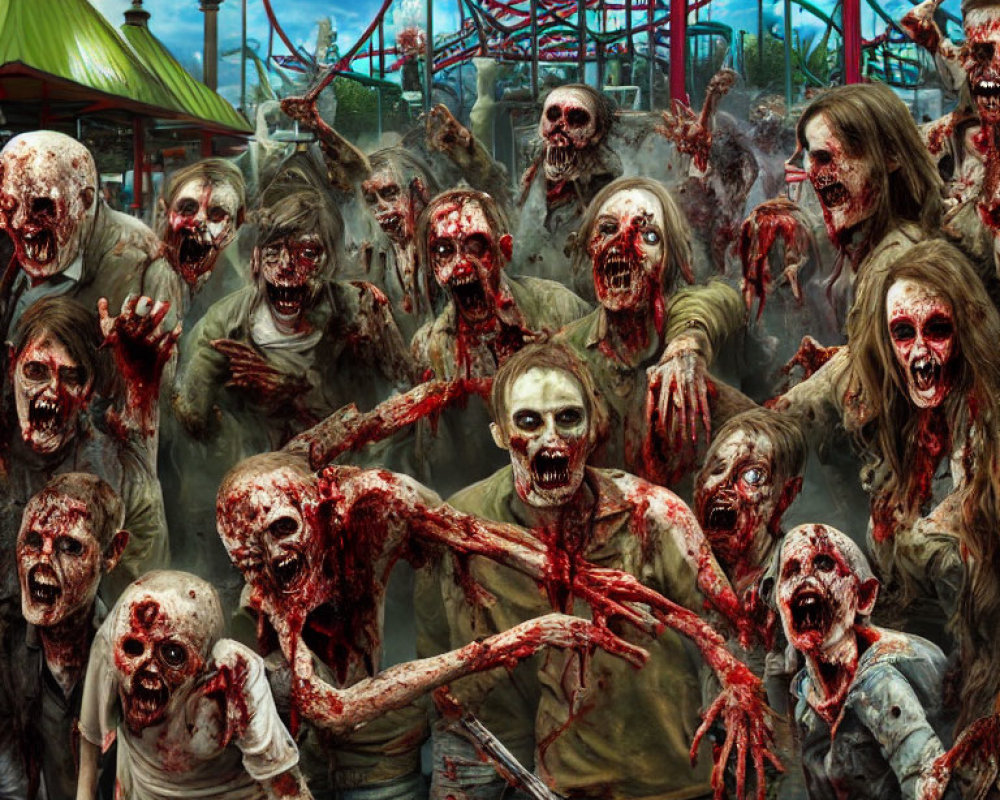 Gruesome zombies in tattered clothes at abandoned amusement park