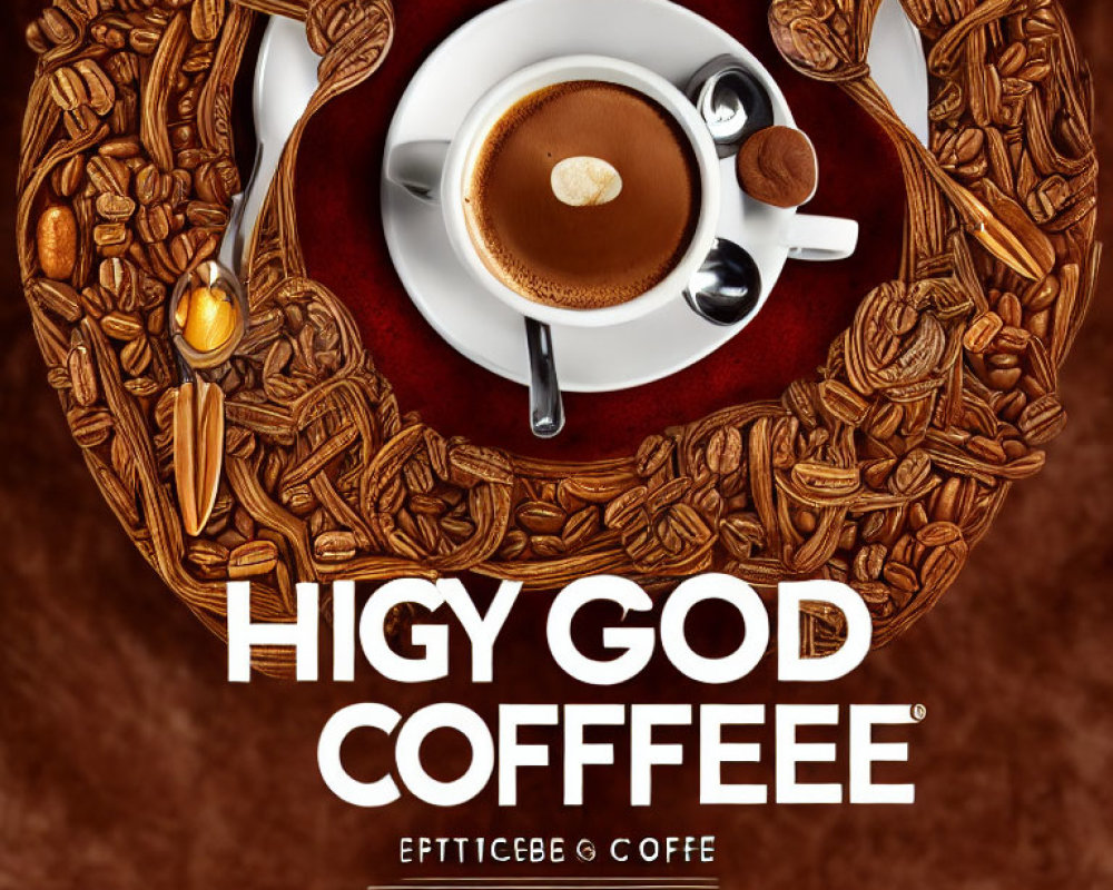 Heart-shaped foam design on coffee cup with 'HIGY GOD COFFEE' text in coffee