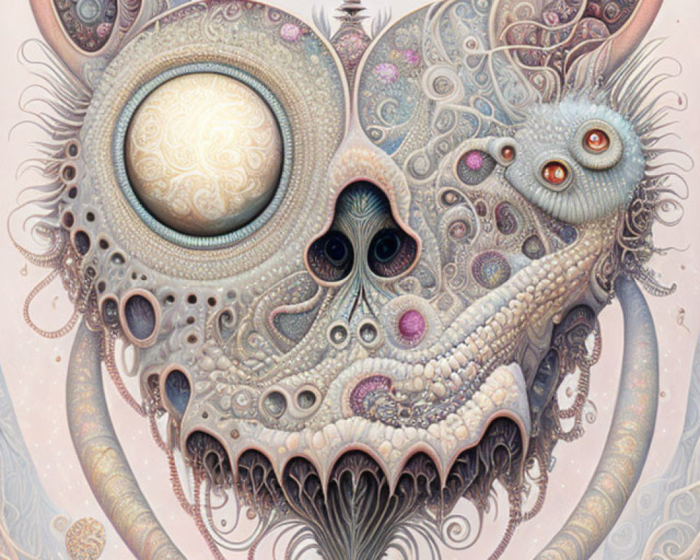 Intricate surreal fantasy artwork with skull-like face and multiple eyes