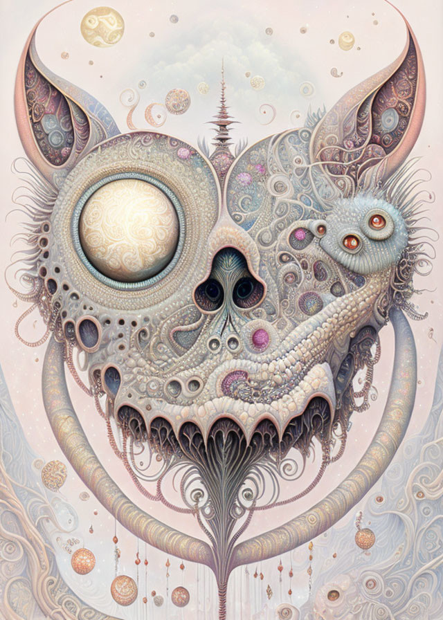 Intricate surreal fantasy artwork with skull-like face and multiple eyes
