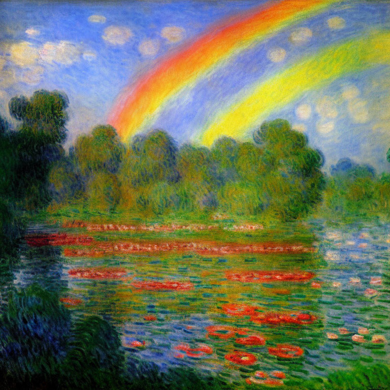 Impressionist Painting: Rainbow Over Pond with Water Lilies