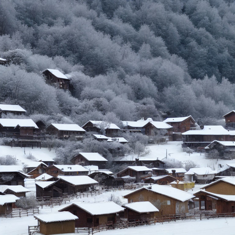 Snow-covered village with frosted trees and wooden houses in winter landscape