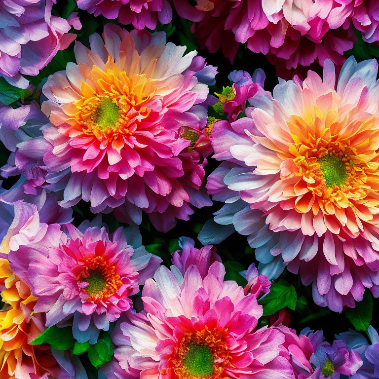 Colorful Dahlia Flowers in Full Bloom: Pink, Orange, Purple