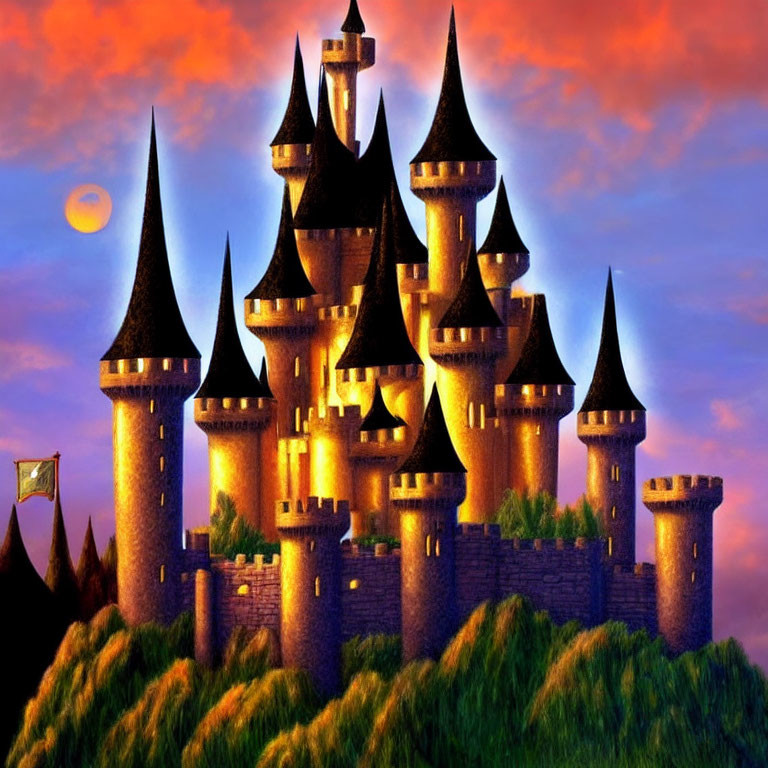 Illuminated fairy-tale castle at dusk with spires, vibrant sky, crescent moon