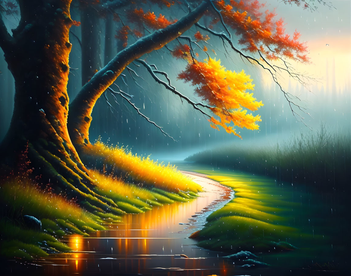 Tranquil forest scene with large autumn tree and rain-soaked path