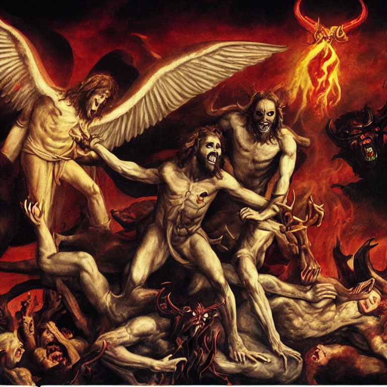 Three Winged Human-like Figures in Fiery Hellish Scene