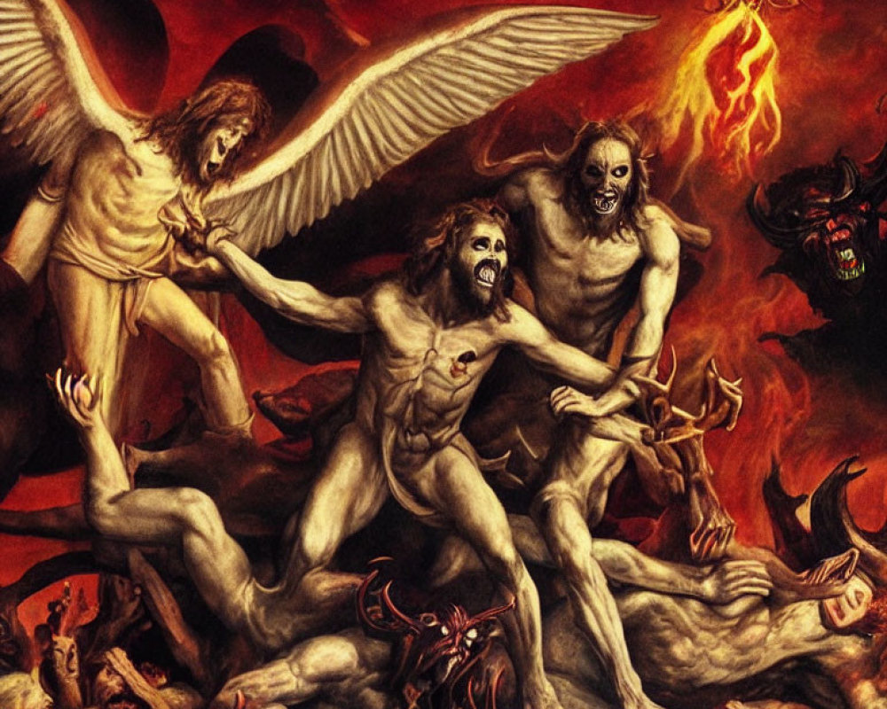 Three Winged Human-like Figures in Fiery Hellish Scene