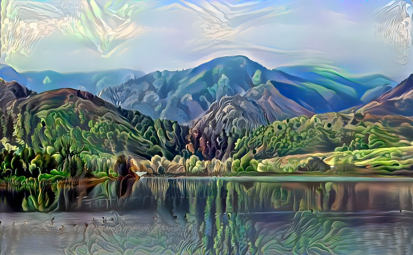 Mountains, reservoir, reflections