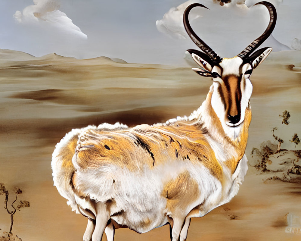 Surreal painting: Antelope with heart-shaped horns in desert landscape
