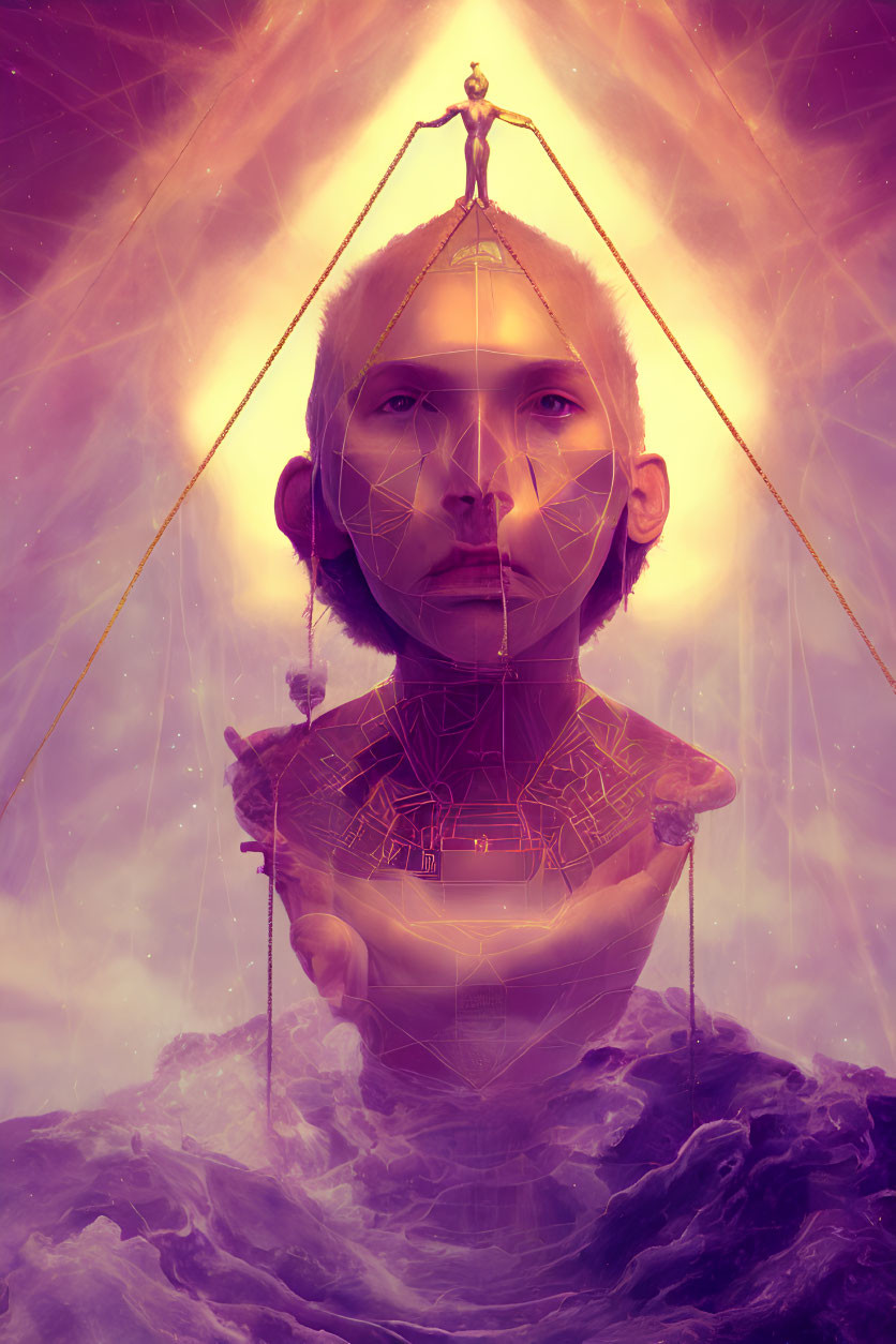 Surreal face with geometric lines, figure balancing scales, cradled in hand amidst clouds in